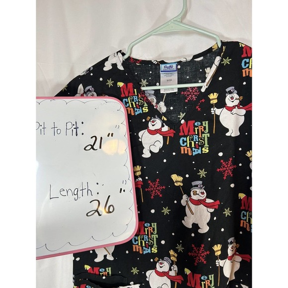 Frosty the Snowman Womens Size S Merry Christmas Holiday Nurse Scrub Top Ladies - Picture 4 of 4